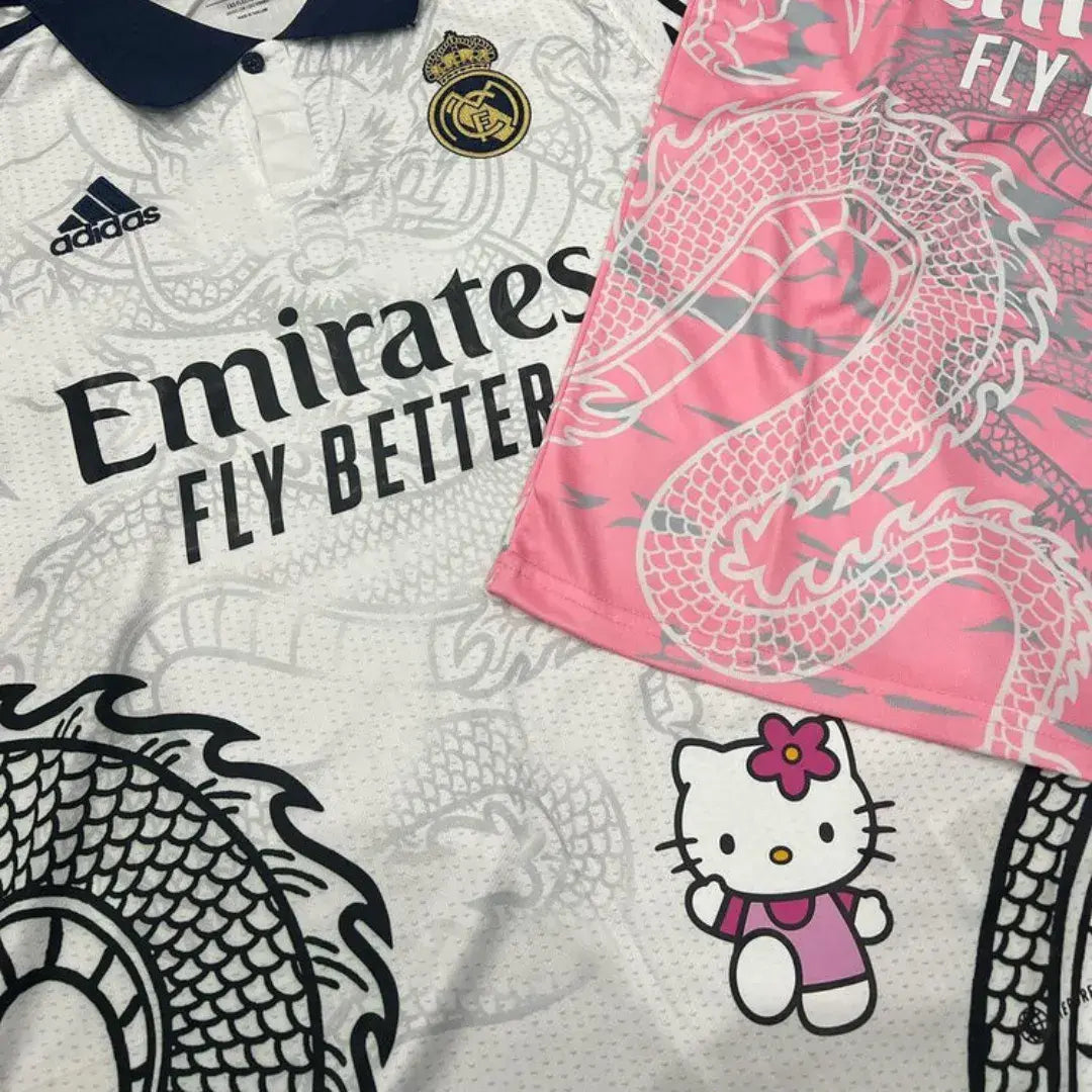 Camisa Real Madrid Hello Kitty | Edição Dragão Chinês branca e rosa